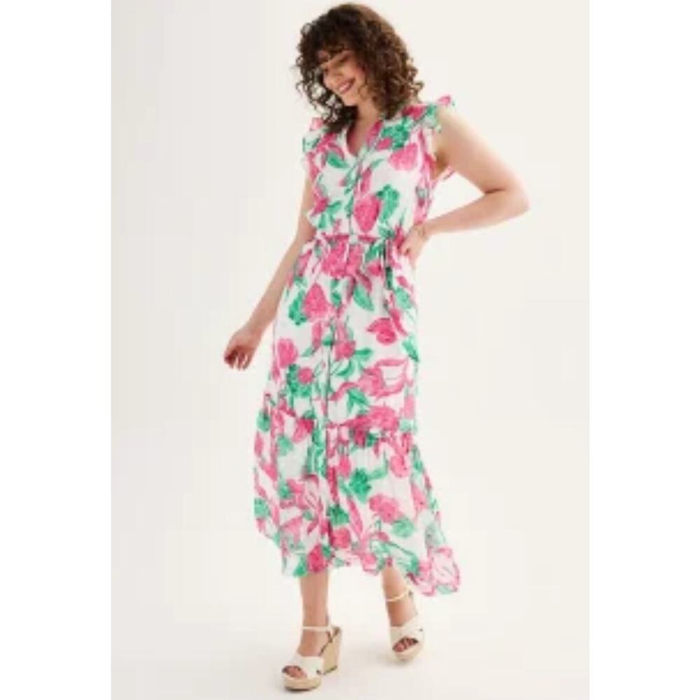 RSVP Draper James Dress Midi Floral Swissl Dot Button Down‎ Belted Pink Size XXL